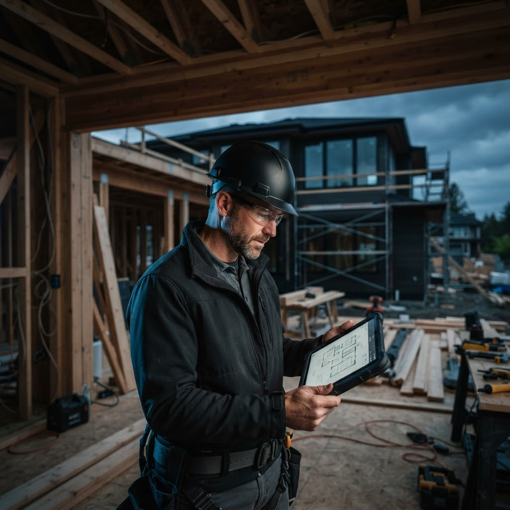 A residential contractor reviews project plans on a tablet at a custom home under construction.